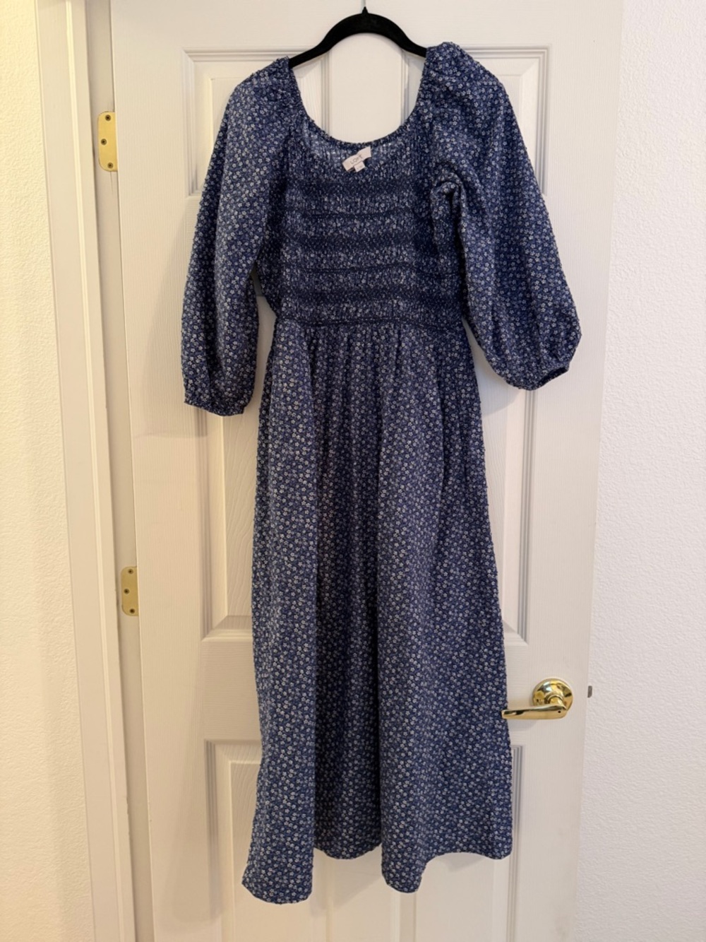 LOFT Navy and White Floral Smocked Top